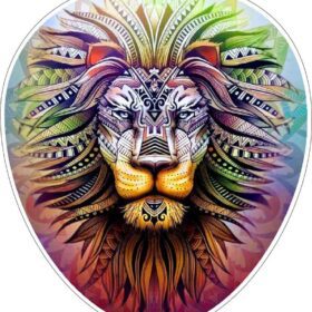 Majestic Lion King With Colorful Totem Pattern Symbols Brave Courageous Soul Oval Mandala Art Vinyl Sticker