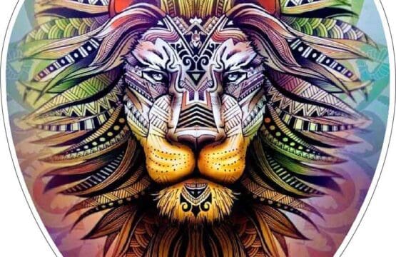 Majestic Lion King With Colorful Totem Pattern Symbols Brave Courageous Soul Oval Mandala Art Vinyl Sticker