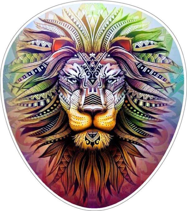 Majestic Lion King With Colorful Totem Pattern Symbols Brave Courageous Soul Oval Mandala Art Vinyl Sticker