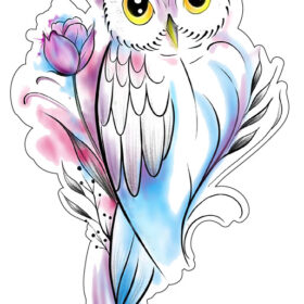 Mystical White Owl With Floral Ornament Twilight Color Illustration Esthetic Tattoo Art Vinyl Sticker