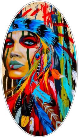 Native Indian Girl Beautiful Colorful Pop Art Painting Traditional Tribal Woman With Feather Headdress Oval Frame Art Vinyl Sticker