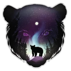 Bear Night With Full Moon Art Aurora Lights Design Vinyl Sticker
