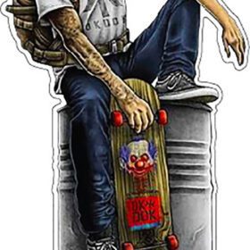 OK DOC Guy In Gas Mask With Backpack Skate Board vinyl sticker