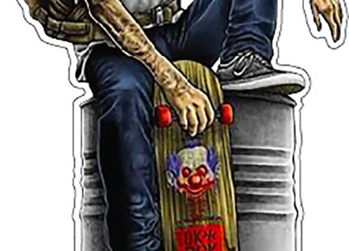 OK DOC Guy In Gas Mask With Backpack Skate Board vinyl sticker