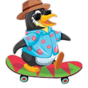 Cute Happy Penguin On Skateboard Wearing Blue Shirt With Flower Print Stylish Hat And Cool Black Sunglasses Summer Skating Fun Cheerful Vibe Animal Lover Cartoon Character Style vinyl sticker / printed decal