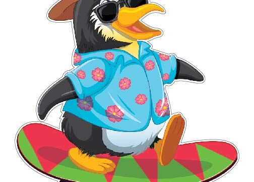 Cute Happy Penguin On Skateboard Wearing Blue Shirt With Flower Print Stylish Hat And Cool Black Sunglasses Summer Skating Fun Cheerful Vibe Animal Lover Cartoon Character Style vinyl sticker / printed decal