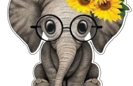 Playful Baby Elephant Student Cute Glasses Sunflowers Big Floral Sunshine Beauty Cartoon Style vinyl sticker
