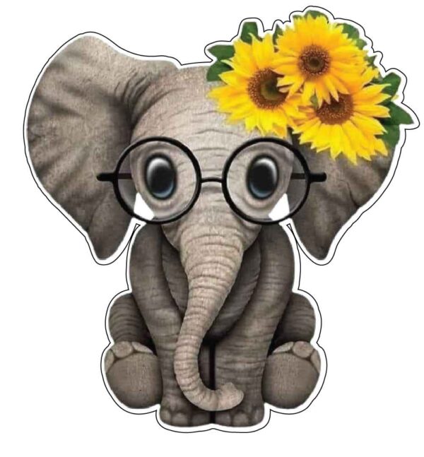 Playful Baby Elephant Student Cute Glasses Sunflowers Big Floral Sunshine Beauty Cartoon Style vinyl sticker