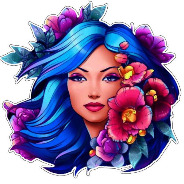 Pretty Blue Hair Lady With Colorful Blooms Nice Girl With Beautiful Flowers Floral Beauty Of Fairyland Art Vinyl Sticker