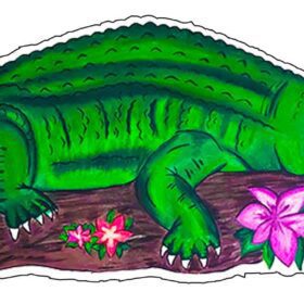 Serene Crocodile Peacefully Relaxing On Wooden Perch With Blossom Decoration Art Mexican Wall Painting Style Vinyl Sticker
