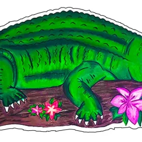 Serene Crocodile Peacefully Relaxing On Wooden Perch With Blossom Decoration Art Mexican Wall Painting Style Vinyl Sticker