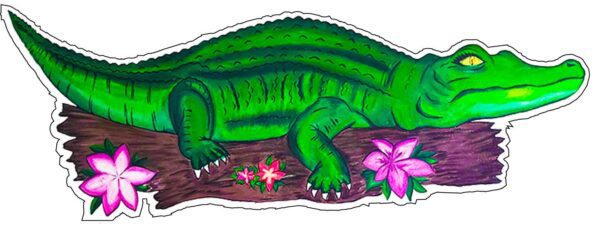 Serene Crocodile Peacefully Relaxing On Wooden Perch With Blossom Decoration Art Mexican Wall Painting Style Vinyl Sticker