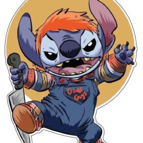 Stitch in Chucky Costume Good Guys Holding Big Scary Knife vinyl sticker