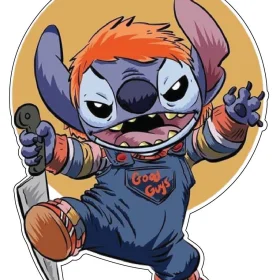 Stitch in Chucky Costume Good Guys Holding Big Scary Knife vinyl sticker