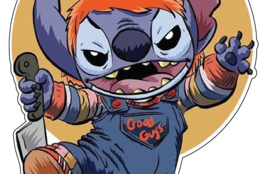 Stitch in Chucky Costume Good Guys Holding Big Scary Knife vinyl sticker