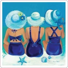 Three Beauties Beachside Trio Attractive Pretty Ladies Swimsuits Hats Sea Ocean Beach Art vinyl sticker