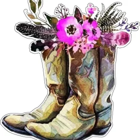 Wild West Country Cowgirl Boots With Beautiful Artistic Boho Flowers And Aesthetic Feathers Art Vinyl Sticker