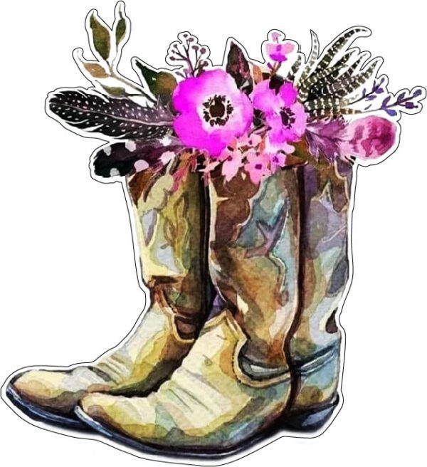 Wild West Country Cowgirl Boots With Beautiful Artistic Boho Flowers And Aesthetic Feathers Art Vinyl Sticker