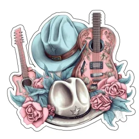 Wild West Cowboy Ranch, Country Music Party, Guitar Strums, Cowboy Hat, Hat Flowers, Melody Vinyl Sticker, Western Celebration, Ranch Music Decal,