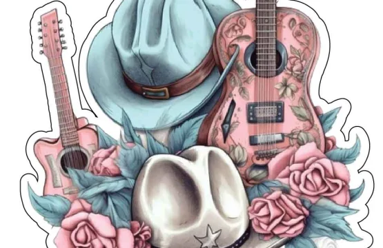 Wild West Cowboy Ranch, Country Music Party, Guitar Strums, Cowboy Hat, Hat Flowers, Melody Vinyl Sticker, Western Celebration, Ranch Music Decal,