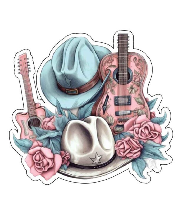 Wild West Cowboy Ranch, Country Music Party, Guitar Strums, Cowboy Hat, Hat Flowers, Melody Vinyl Sticker, Western Celebration, Ranch Music Decal,