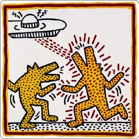 Keith Haring American Pop Artist Design UFO vs Wolves ET Theme Monsters Dancing On City Streets Extraterrestrial Sci-Fi Playful Illustration Imaginative Creative Art Alien Science Fiction vinyl sticker