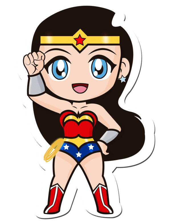 Adorable Demigod Princess of the Amazons yet looks like she's from Japan with her big chibi eyes. Fist in the air, she stands for justice.