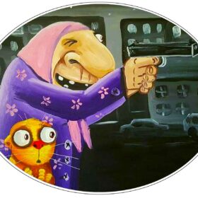 He Won't Go Away - Revolt of Playful Assassin Babushka And Cat By Russian Artist Vasya Lozhkin Art Vinyl Sticker