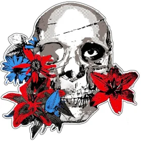 Half Alive Skull Creepy Tattoo With Blue Red Lily Flowers Art Vinyl Sticker