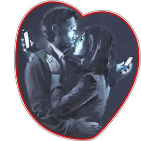 Banksy Mobile Lovers Love In The Digital Age Hearts Connected Through Cellphones Valentine Pixilated Passion Art Vinyl Sticker