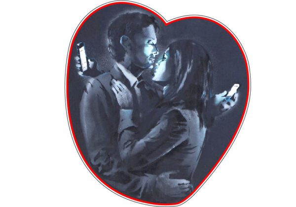 Banksy Mobile Lovers Love In The Digital Age Hearts Connected Through Cellphones Valentine Pixilated Passion Art Vinyl Sticker