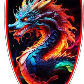 Colorful Mighty Dragon Logo Chinese Zodiac Art Mythical Fantasy Creature Fire Eyes Eastern Culture Symbol Good Fortune Illustration Manga Style Emblem Festive Decoration Shield vinyl sticker