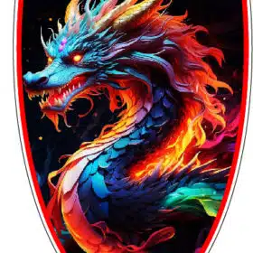 Colorful Mighty Dragon Logo Chinese Zodiac Art Mythical Fantasy Creature Fire Eyes Eastern Culture Symbol Good Fortune Illustration Manga Style Emblem Festive Decoration Shield vinyl sticker