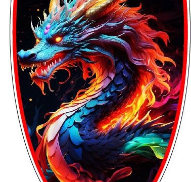 Colorful Mighty Dragon Logo Chinese Zodiac Art Mythical Fantasy Creature Fire Eyes Eastern Culture Symbol Good Fortune Illustration Manga Style Emblem Festive Decoration Shield vinyl sticker