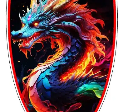 Colorful Mighty Dragon Logo Chinese Zodiac Art Mythical Fantasy Creature Fire Eyes Eastern Culture Symbol Good Fortune Illustration Manga Style Emblem Festive Decoration Shield vinyl sticker