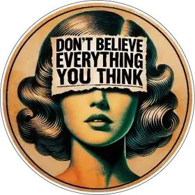Don’t Believe Everything You Think Retro Woman Portrait Surreal Mindset Art Psychological Humor Meme Sarcastic Quote vinyl sticker