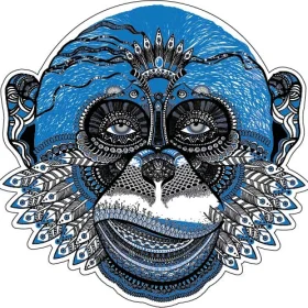 Blue Chama Monkey Mystic Tribal Mask Feathered Ancestor Spirit Ancient Mandala Art Sacred Jungle Totem Primal Wisdom NMIMS Little Productions Music vinyl sticker