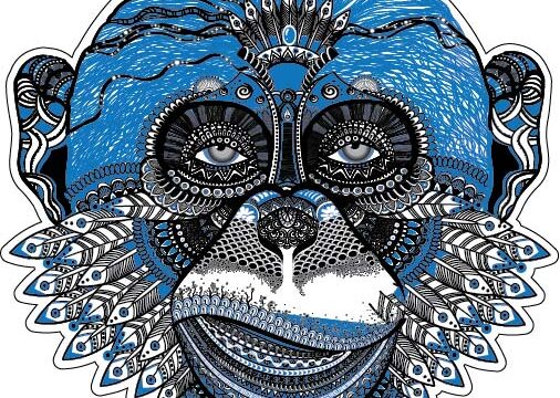 Blue Chama Monkey Mystic Tribal Mask Feathered Ancestor Spirit Ancient Mandala Art Sacred Jungle Totem Primal Wisdom NMIMS Little Productions Music vinyl sticker