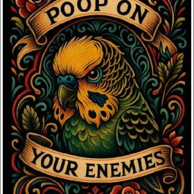 Poop On Your Enemies Funny Bird Meme Vintage Tattoo Style Floral Ornamental Parrot Art Sarcastic Humor Savage Quote Animal Lover vinyl sticker