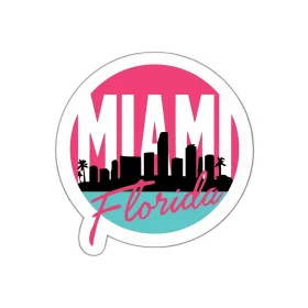 Miami Florida Retro Sunset Skyline Neon Pink & Teal South Beach Vibes Palm Tree City Silhouette Travel vinyl sticker