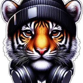 DJ Tiger Cool Rapp Master With Stylish Beanie And Modern Headphone Hip-Hop Urban Culture Animal Hybrid Style Vinyl Sticker