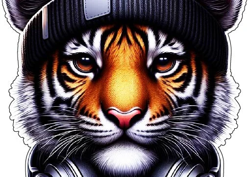 DJ Tiger Cool Rapp Master With Stylish Beanie And Modern Headphone Hip-Hop Urban Culture Animal Hybrid Style Vinyl Sticker