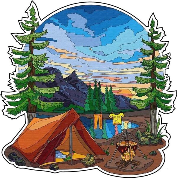 Lakeside Summer Camping Drawing Vintage Retro Design Adventure Nostalgic Getaway Escape From City Deep Forest Dream Outdoor Fun Rustic Retreat Campfire Nights Tent Life Art vinyl sticker