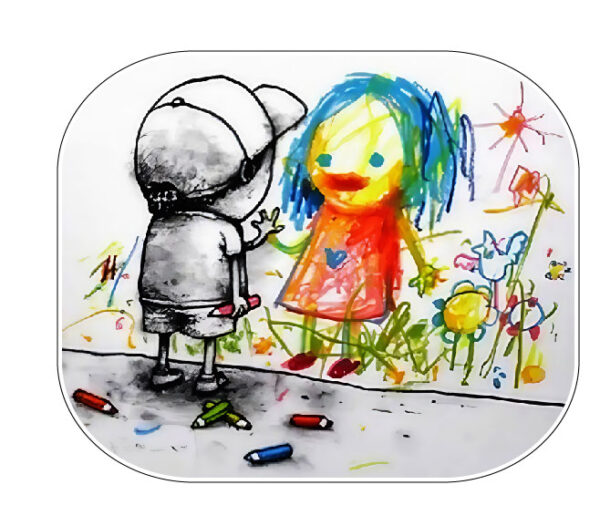 Romantic Love Story Of Real Life Boy And Colorful Painted Girl Desire To Be Happy Make A Wish Picture Dream Come True Sweet Illusion Reality And Fantasy World Creative Artist And His Beautiful Muse Graffiti Wall Art Banksy Style Art Pencil Drawing vinyl sticker