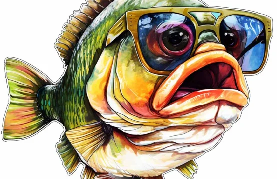 Big Mouth Colorful Bass Fish Sport Art Stylish Glasses Fishing Season Design Cartoon Style Vinyl Sticker