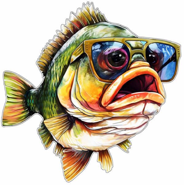 Big Mouth Colorful Bass Fish Sport Art Stylish Glasses Fishing Season Design Cartoon Style Vinyl Sticker