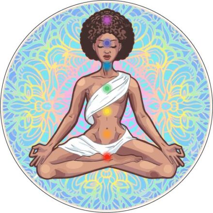 Yogi Girl In Deep Meditation Art Woman In Lotus Pose On Mandala Background Design Beautiful Sexy Black African American Meditating On Seven Chakras Modern Yoga Symbol vinyl sticker